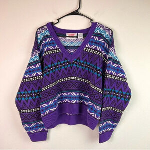 Vintage Sweater Geometric Print V Neck Size Medium Studio HQ Purple Blue White